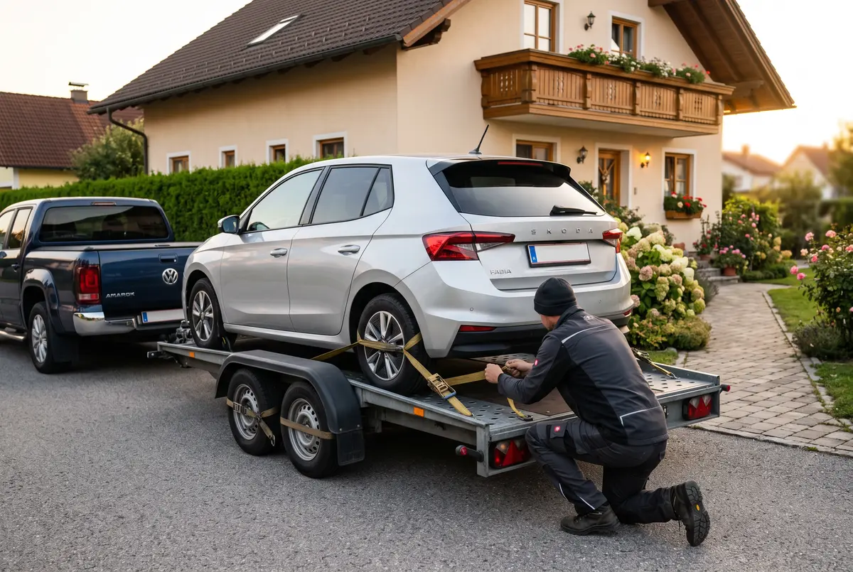 Mitarbeiter sichert ein Auto auf dem Abholanhänger vor einem Wohnhaus