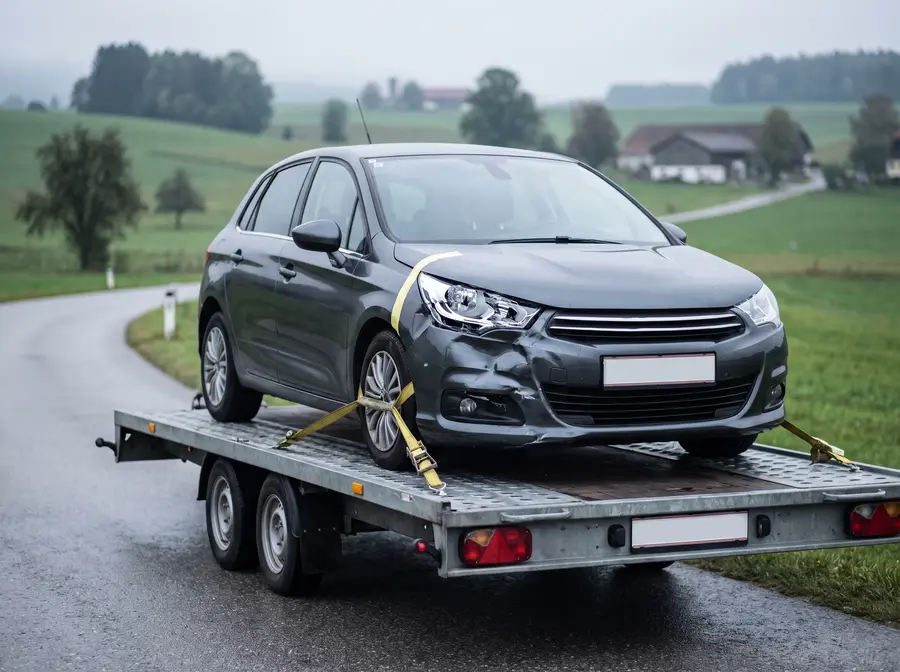 Unfallauto mit Frontschaden auf einem Anh&auml;nger